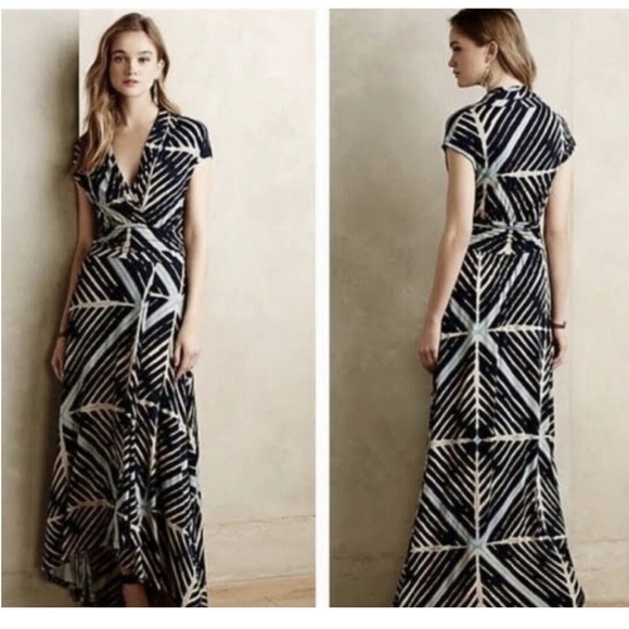Maeve Anthropologie Desert Star Maxi Cap Sleeve Wrap Navy Geometric Dress Small - Picture 1 of 10